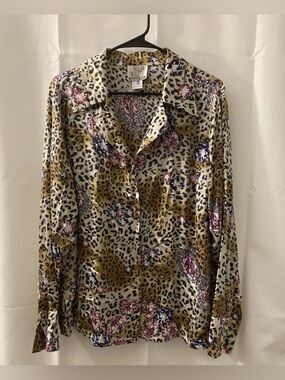 Vintage Nolan Miller Leopard & Floral Silk Button-Down Blouse